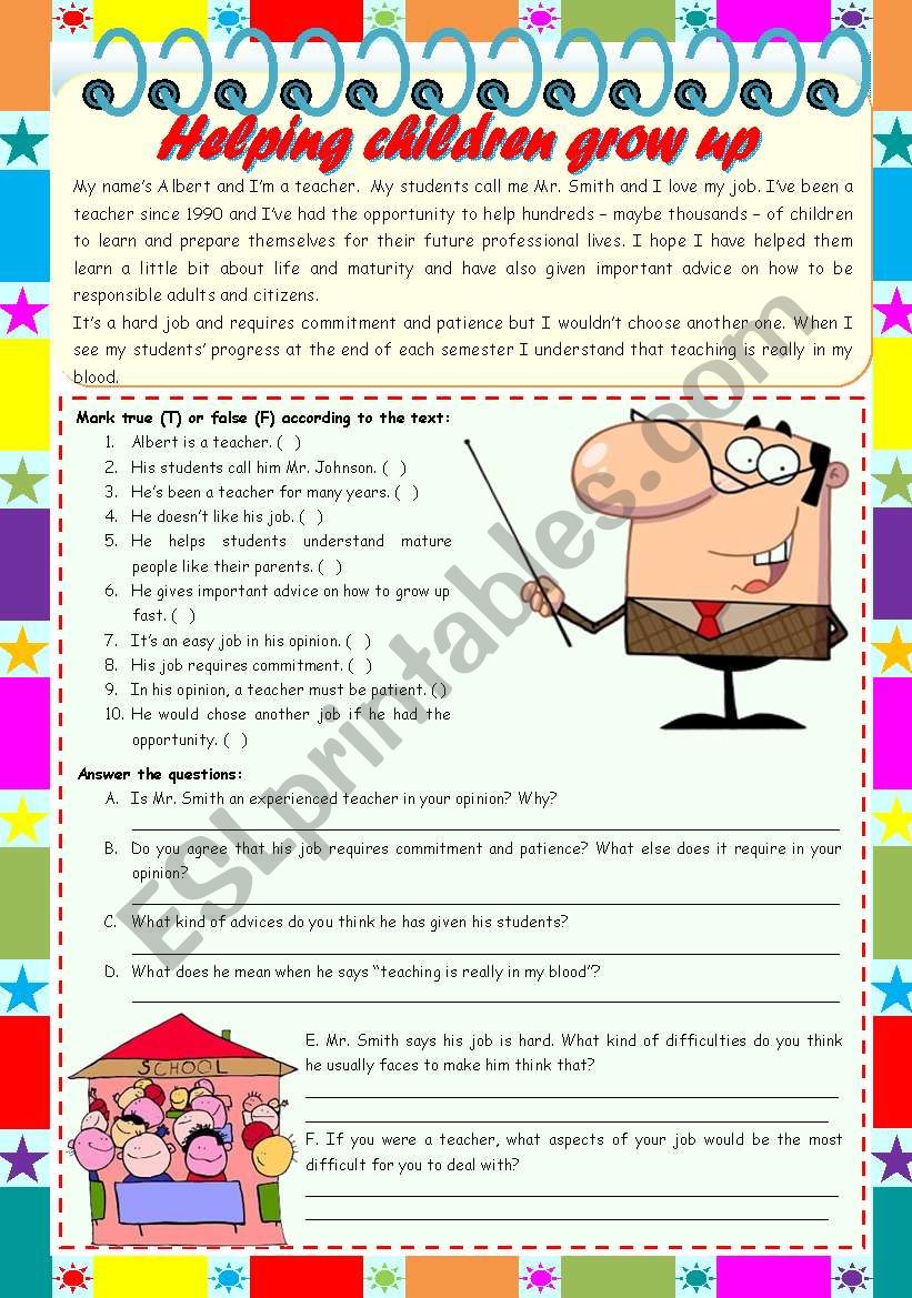 Helping children grow up  reading comprehension + grammar (pronoun one) [4 tasks] KEYS INCLUDED ((3 pages)) ***editable